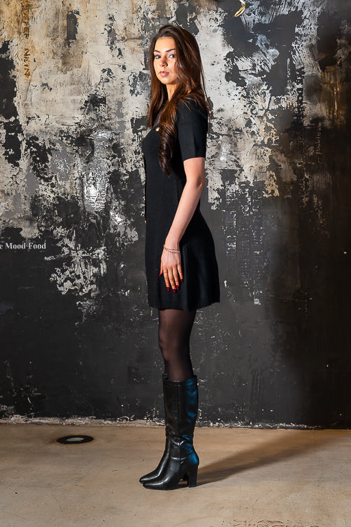 Black Card - Black Buttoned Knit Mini Dress