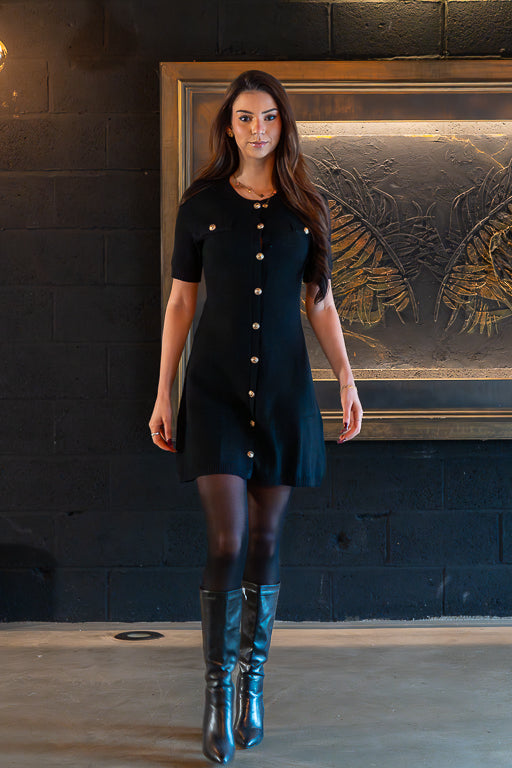 Black Card - Black Buttoned Knit Mini Dress