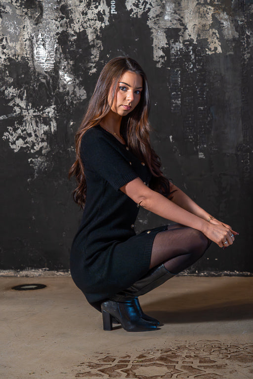 Black Card - Black Buttoned Knit Mini Dress