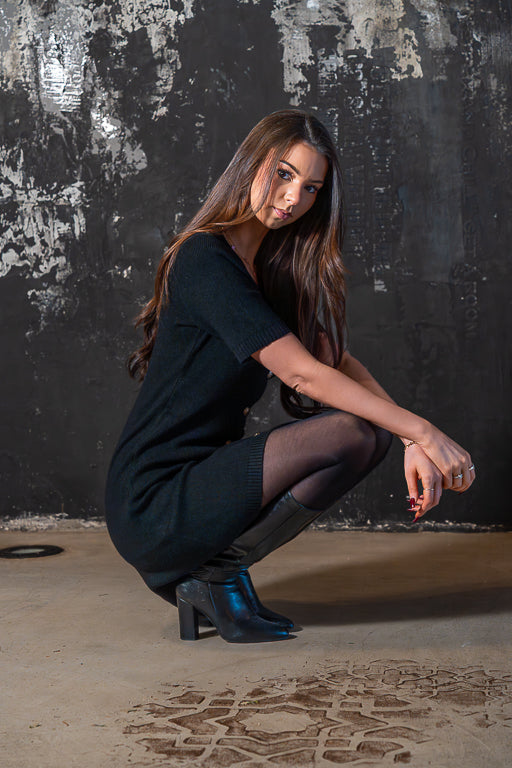 Black Card - Black Buttoned Knit Mini Dress